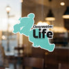 Clearwater Life logo with map outline and copyright text on a window.