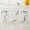 Three clear glasses with Bartlett Lake Arizona map and compass design.