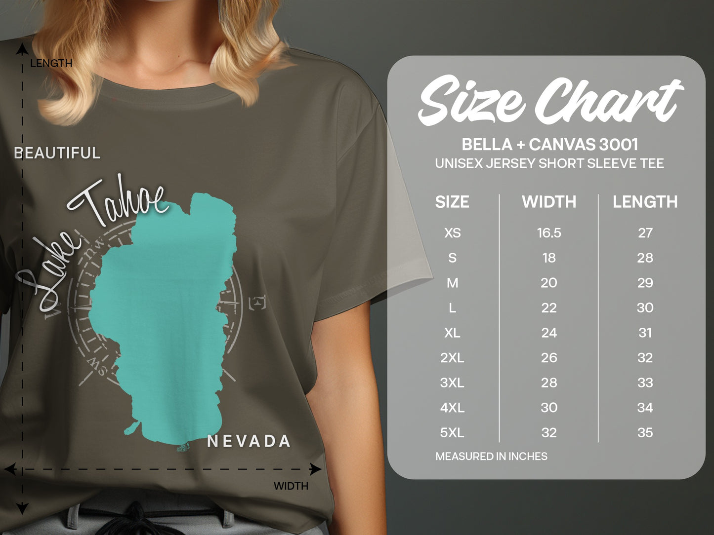 Bella + Canvas 3001 size chart showing unisex tee measurements for Lake Tahoe graphic.