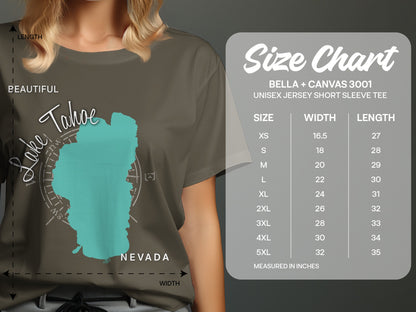 Bella + Canvas 3001 size chart showing unisex tee measurements for Lake Tahoe graphic.