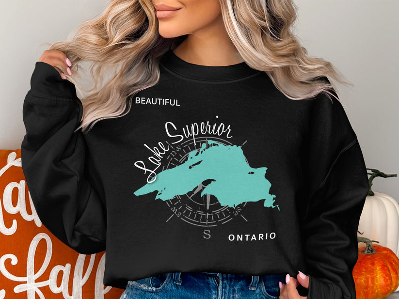 Black sweatshirt with a teal outline map of Lake Superior and "ONTARIO" text.