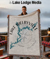 Blanket featuring a teal Lake Shelbyville map and compass, with "Lake Shelbyville Illinois" text.