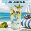 Glass with "In O'Lakes" and a map of Illinois, on a beach with a sailboat.