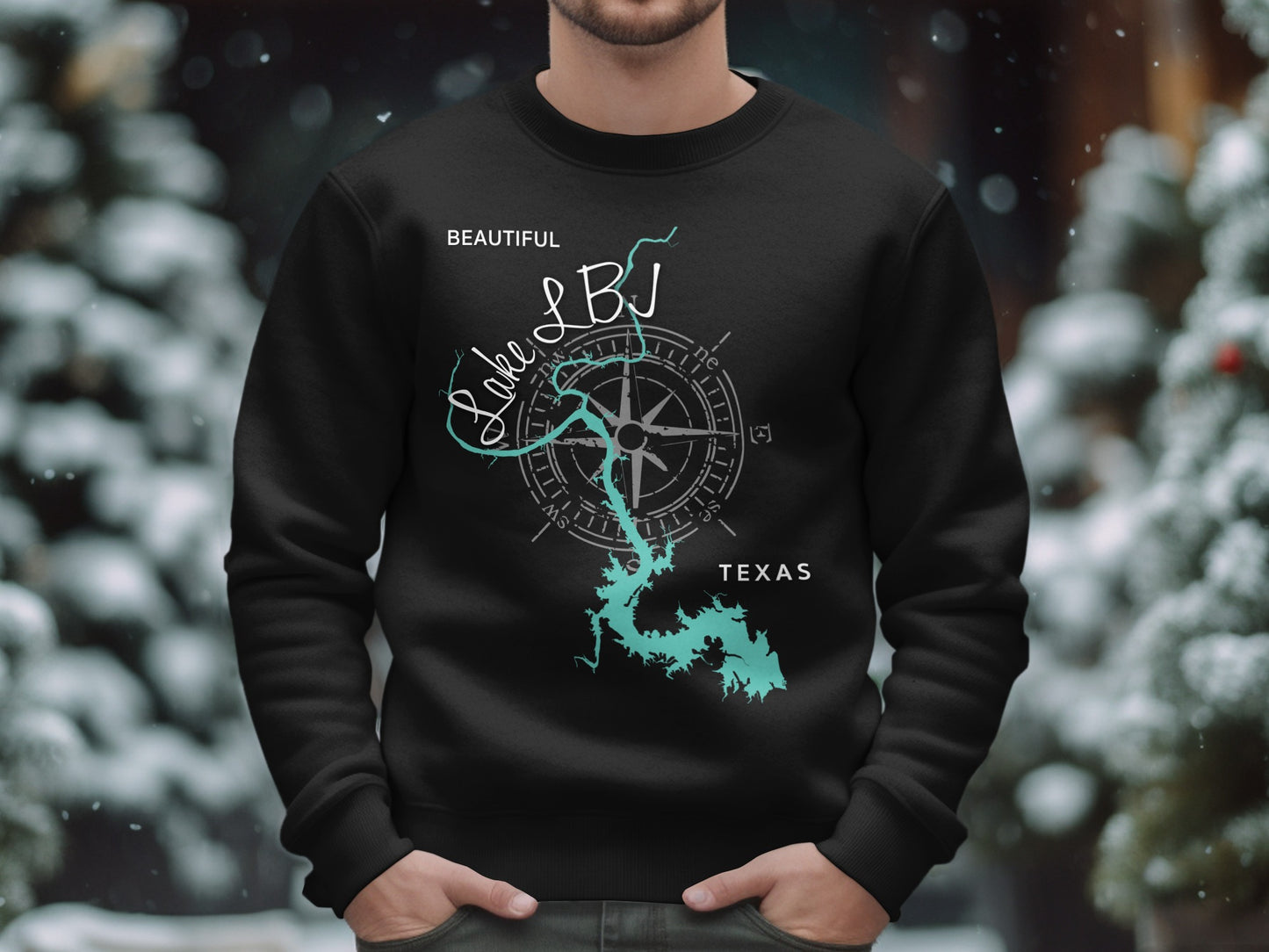 Black sweatshirt with "Beautiful Lake LBJ Texas" and compass design.