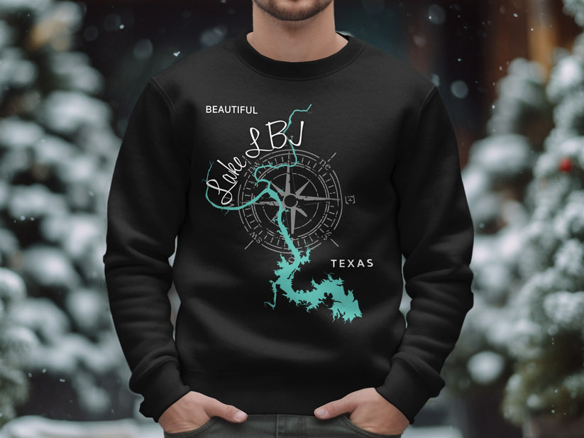 Black sweatshirt with "Beautiful Lake LBJ Texas" and compass design.