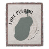 Lake Pulaski Minnesota woven blanket with map and compass graphic.