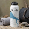 White water bottle with blue lake map and compass design, text "ON LAKE".