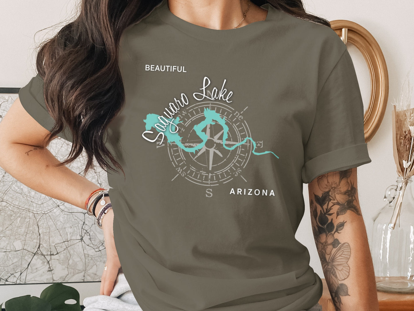 T-shirt with Saguro Lake compass graphic and Arizona text.