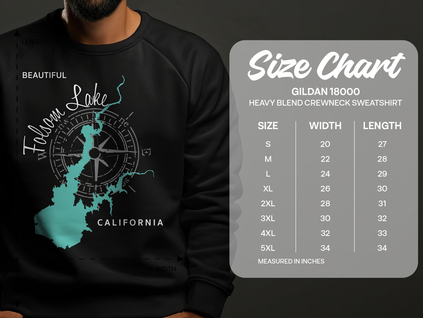 Crewneck sweatshirt with Folsom Lake map graphic and size chart.