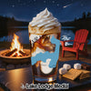 Glass of ice cream with s'mores ingredients and campfire scene at dusk.