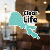 Turquoise map outline sticker with "Clear Life" text and small copyright.