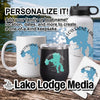 White mug, black tumbler, white water bottle, and a card with Yellowstone Lake map graphic.