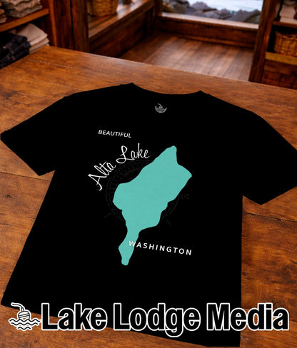 Black t-shirt with "Alta Lake Washington" and a turquoise outline of the lake.