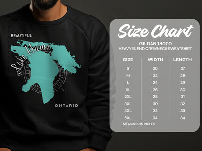 Sweatshirt size chart with Lake Huron graphic, listing S-5XL sizes.