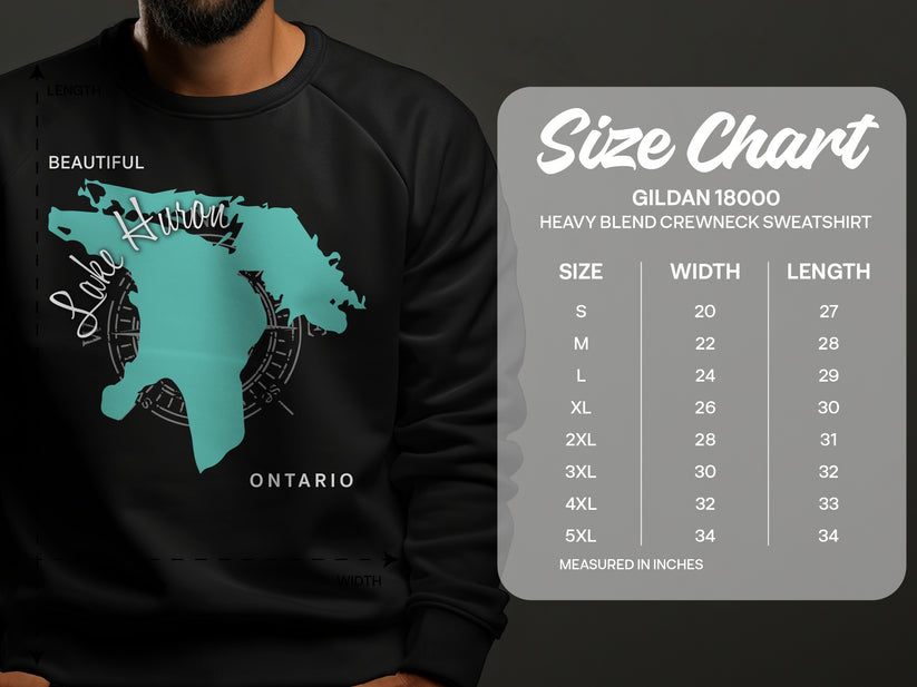 Sweatshirt size chart with Lake Huron graphic, listing S-5XL sizes.