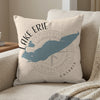 Decorative pillow with Lake Erie map and compass design, text "LAKE ERIE ONTARIO".