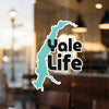 Turquoise lake outline sticker with "Yale Life" text.