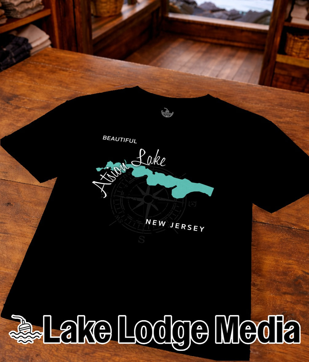Black t-shirt with "Beautiful Atoka Lake" and compass design.