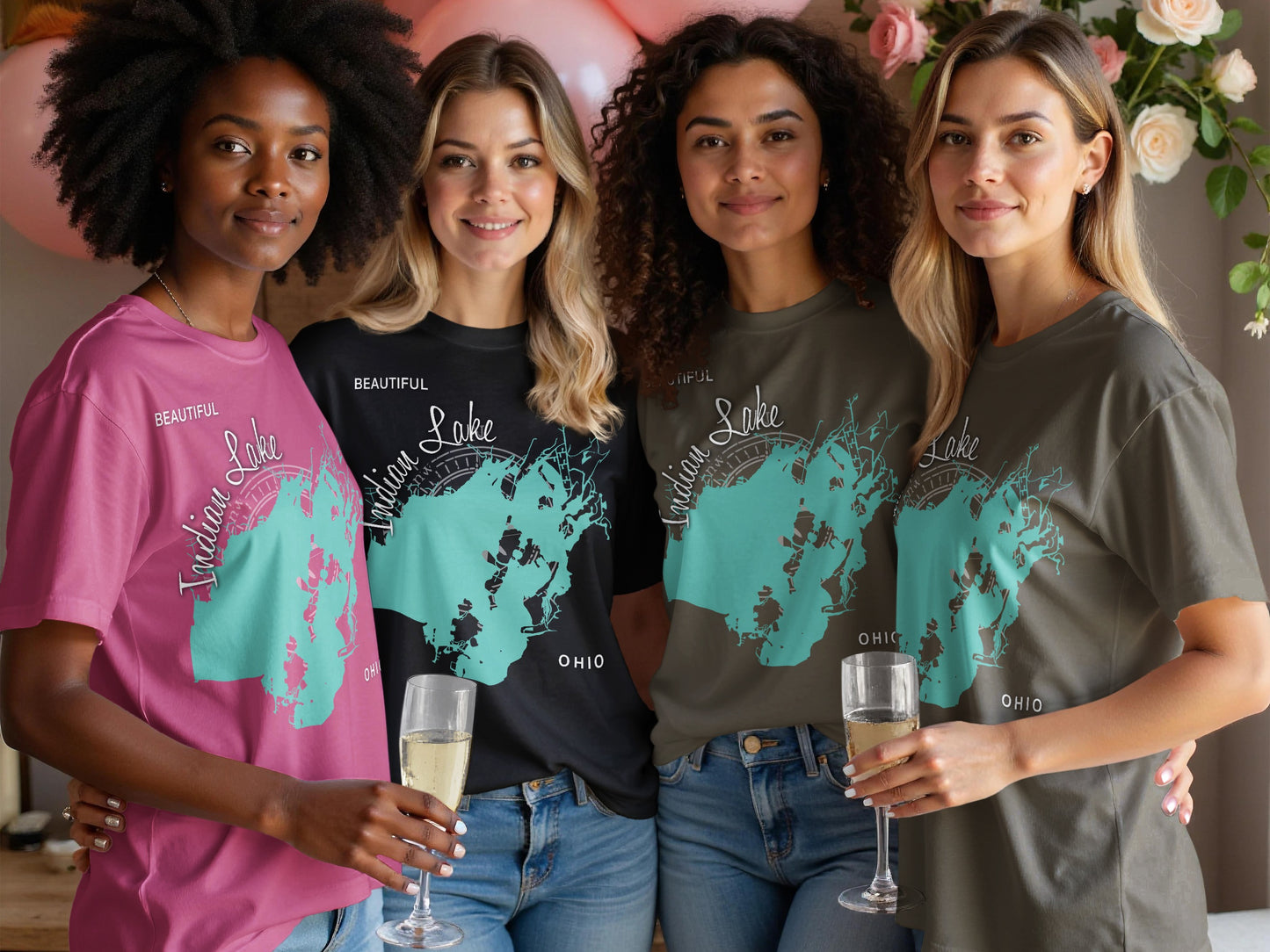 Four women in graphic t-shirts featuring "Indiana Lake Ohio" map design.