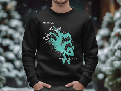 Black sweatshirt with turquoise map design for Lake Tapps, Washington.