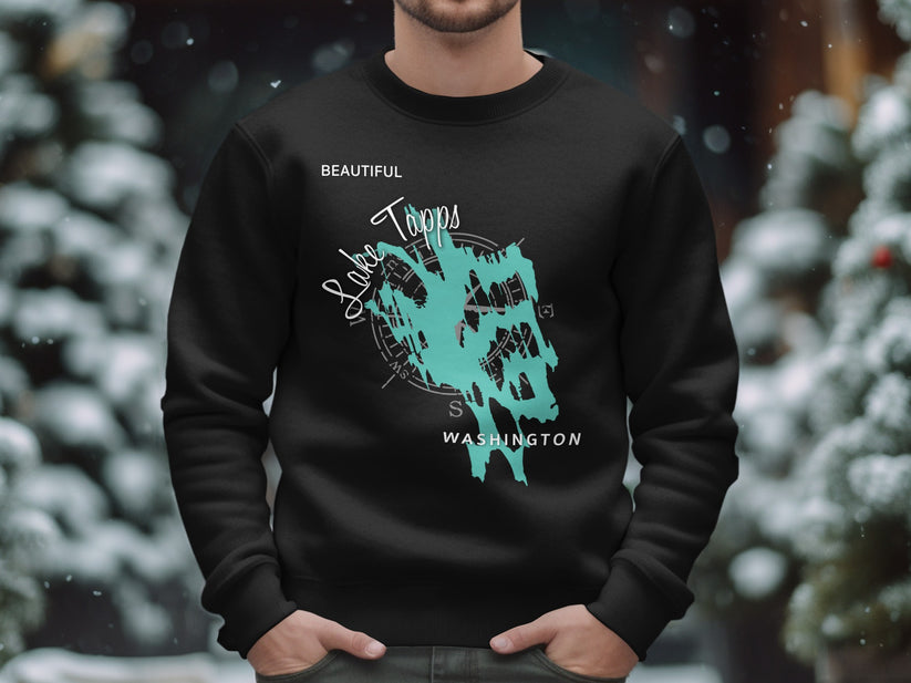 Black sweatshirt with turquoise map design for Lake Tapps, Washington.