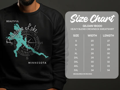 Crewneck sweatshirt with "Petenwell Lake Minnesota" graphic and size chart.