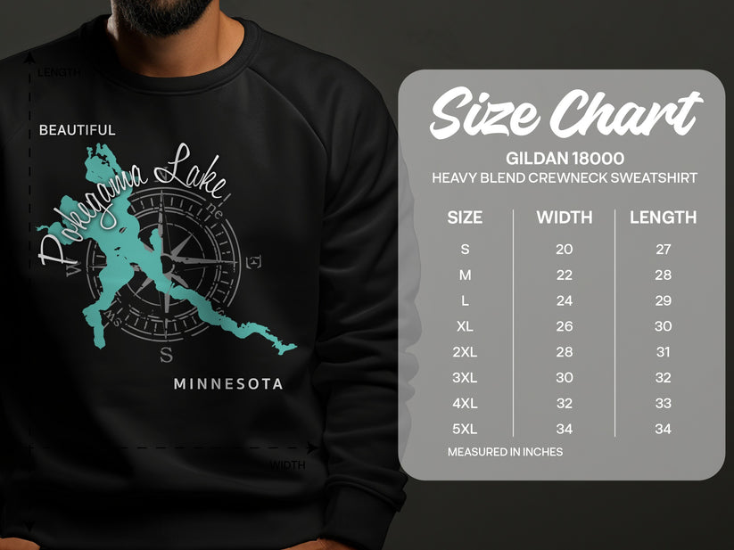 Crewneck sweatshirt with "Petenwell Lake Minnesota" graphic and size chart.