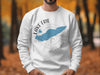 White sweatshirt with Lake Erie map and compass graphic.