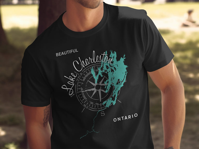 Black t-shirt with "Lake Charleston Ontario" text and compass rose map design.