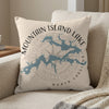 Pillow with blue Mountain Island Lake map and compass design, "North Carolina" text.