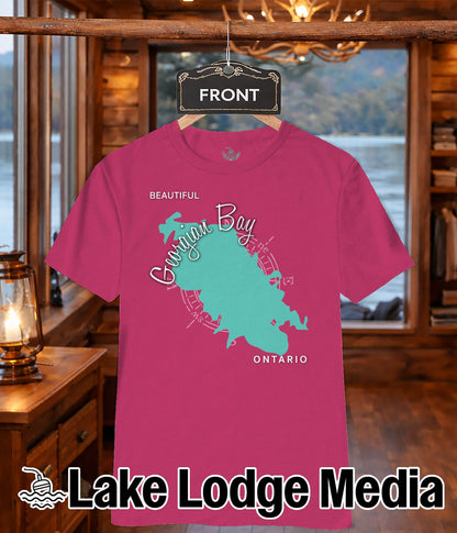Fuchsia t-shirt with a teal map of Georgian Bay and "Lake Lodge Media" text.