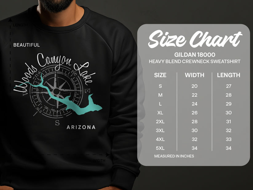Gildan 18000 sweatshirt size chart with Woods Canyon Lake graphic.