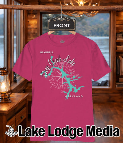 Pink t-shirt with "Deep Creek Lake, Maryland" and compass design.