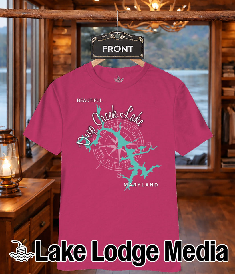 Pink t-shirt with "Deep Creek Lake, Maryland" and compass design.