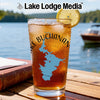 Glass of iced tea with Lake Buchanan map graphic and lemon slice.