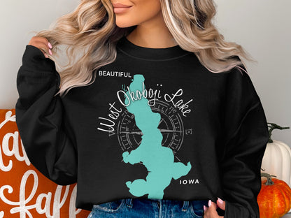 Black sweatshirt with "Beautiful West Okoboji Lake Iowa" graphic.