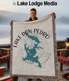Tapestry blanket with Lake Don Pedro California map and compass design.