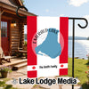 Flag with Emerald Lake shape on Canadian flag, "The Smith Family" and "Lake Lodge Media".