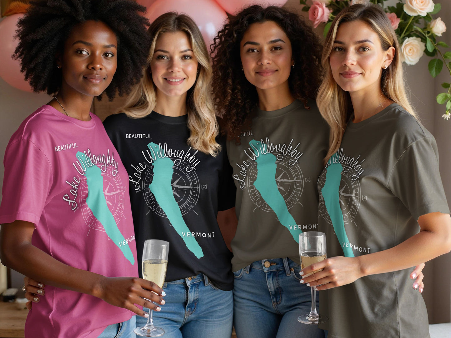 Four women wear t-shirts with "Lake Willoughby Vermont" text and compass design.