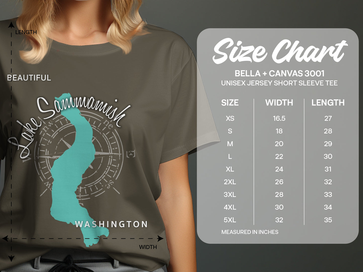 T-shirt size chart for Bella + Canvas 3001 with measurements in inches.