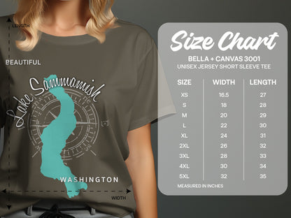 T-shirt size chart for Bella + Canvas 3001 with measurements in inches.
