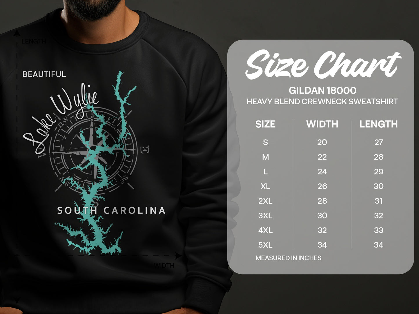 Black sweatshirt with Lake Wylie map and South Carolina text, next to size chart.