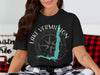 Black t-shirt with Lake Vermillion, Minnesota map and compass graphic.