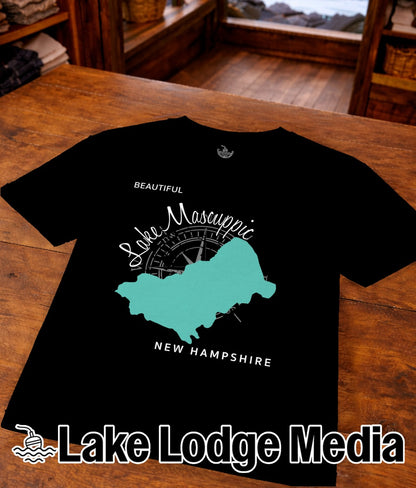 Black t-shirt with "Beautiful Lake Mascuppic New Hampshire" and compass graphic.