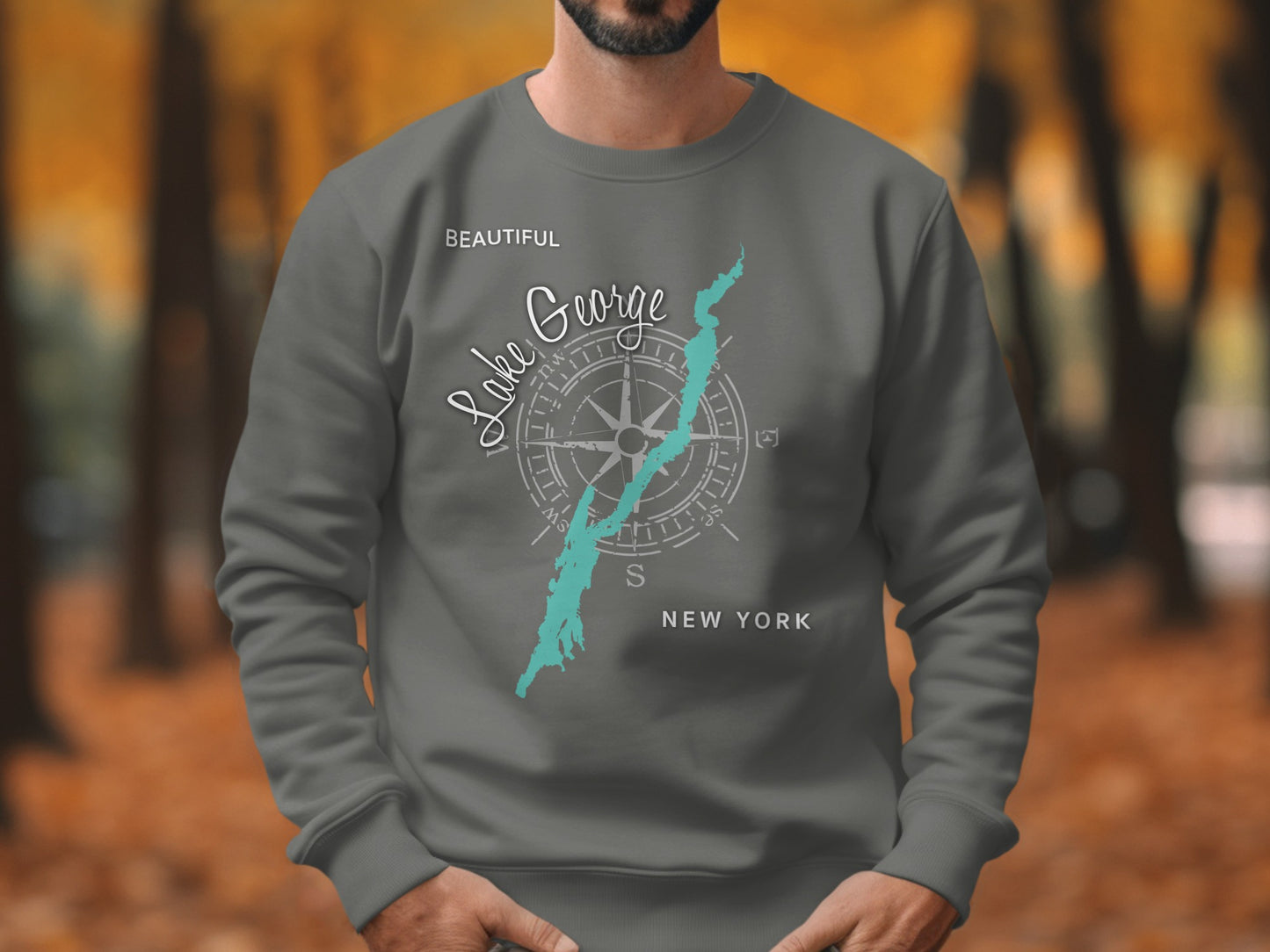 Grey sweatshirt with "Beautiful Lake George New York" and compass graphic.