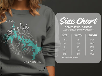 Crewneck sweatshirt size chart with compass graphic for Lake Skiatook Oklahoma.