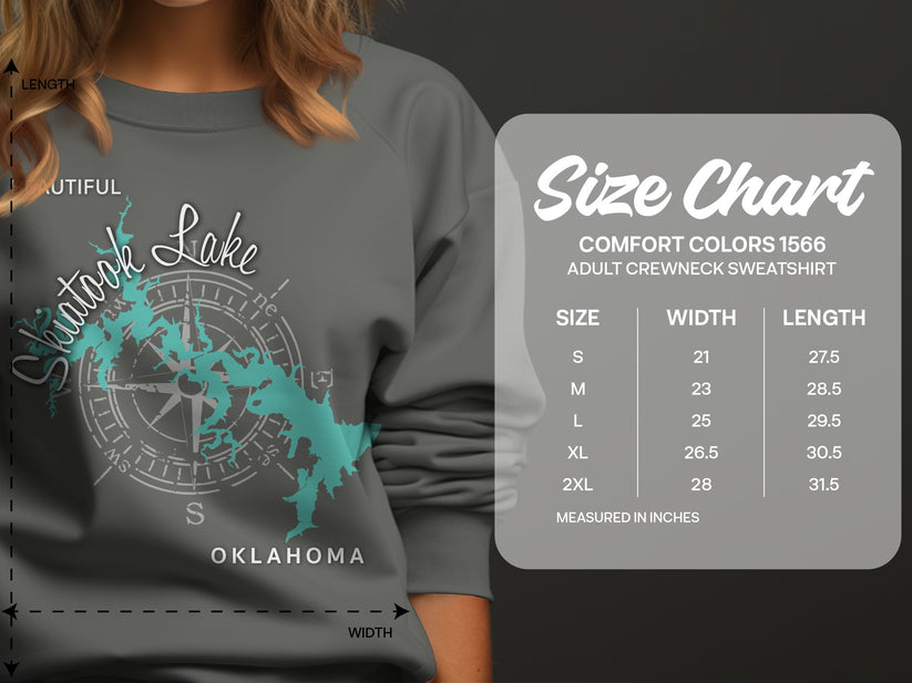 Crewneck sweatshirt size chart with compass graphic for Lake Skiatook Oklahoma.
