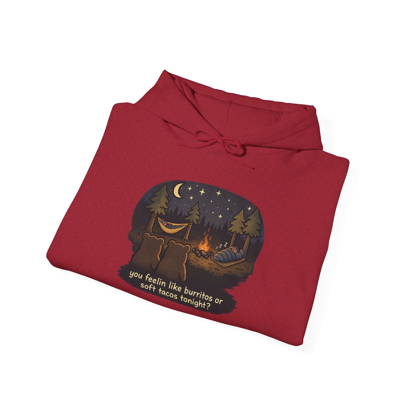 Campfire Bears Humor Hoodie, People in Sleeping Bags are Bear Burritos and Tacos Joke, Camping Hiking Smores Bonfire Apparel