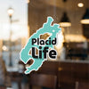 Turquoise lake shape sticker with black text "Placid Life" and copyright.