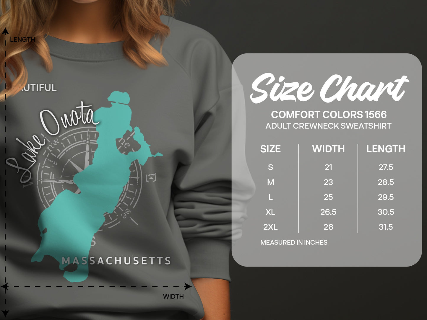 Adult crewneck sweatshirt size chart for Comfort Colors 1566.
